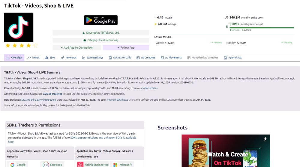 App intelligence dashboard preview showing app overview, installs, ratings, and monetization data.