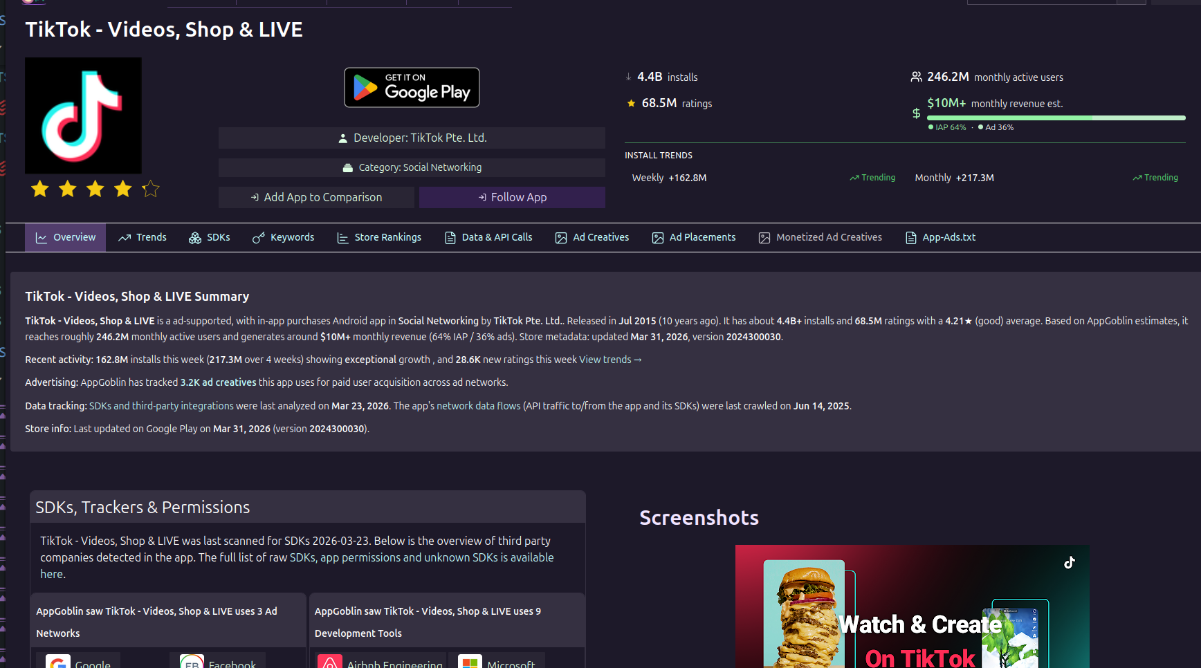App intelligence dashboard preview showing app overview, installs, ratings, and monetization data.