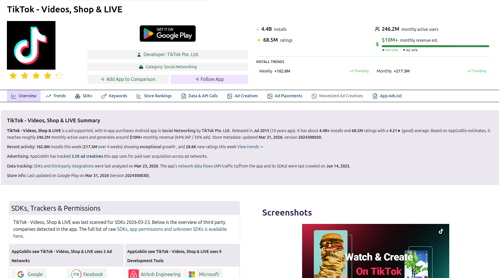 App intelligence dashboard preview showing app overview, installs, ratings, and monetization data.